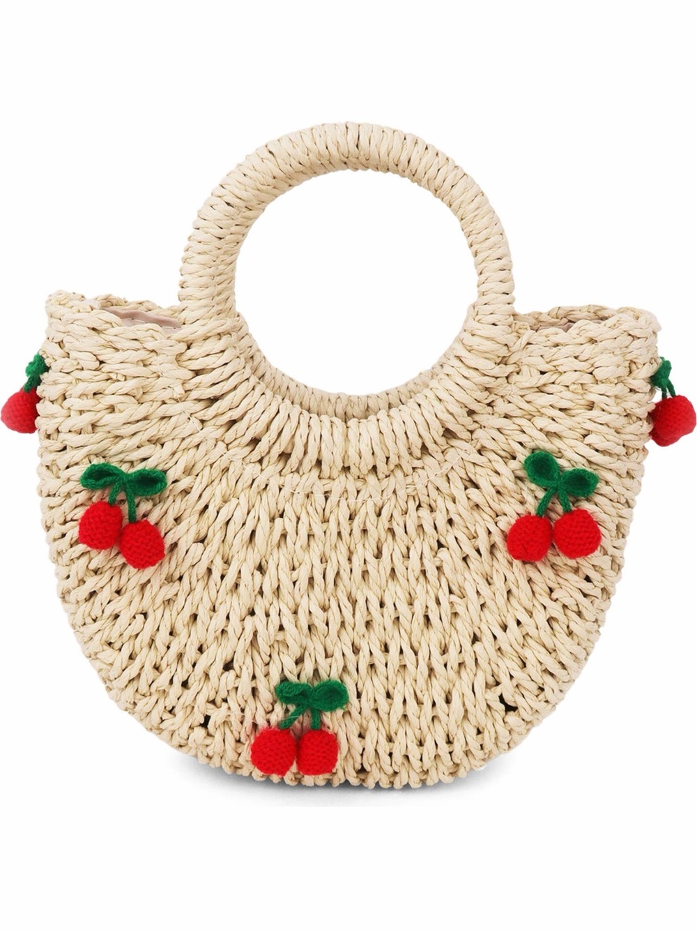 Nordstrom Beige Straw Crochet Crossbody with Red Cherry Appliqués